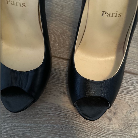 Black 5 inch Peep Toe Heels with Red Bottoms - Picture 6 of 6